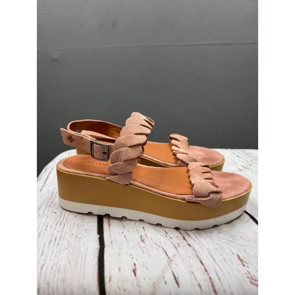 Lucky Brand Vellenora Pink Suede Scalloped Platform Wedge Sandals‎ Mens 7.5 M 38